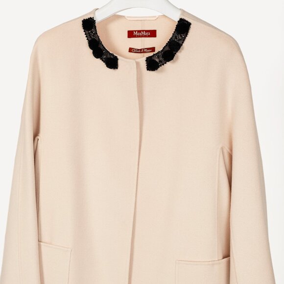 Max Mara Studio Beige Wool Embellished-Neck Coat - Picture 3 of 11